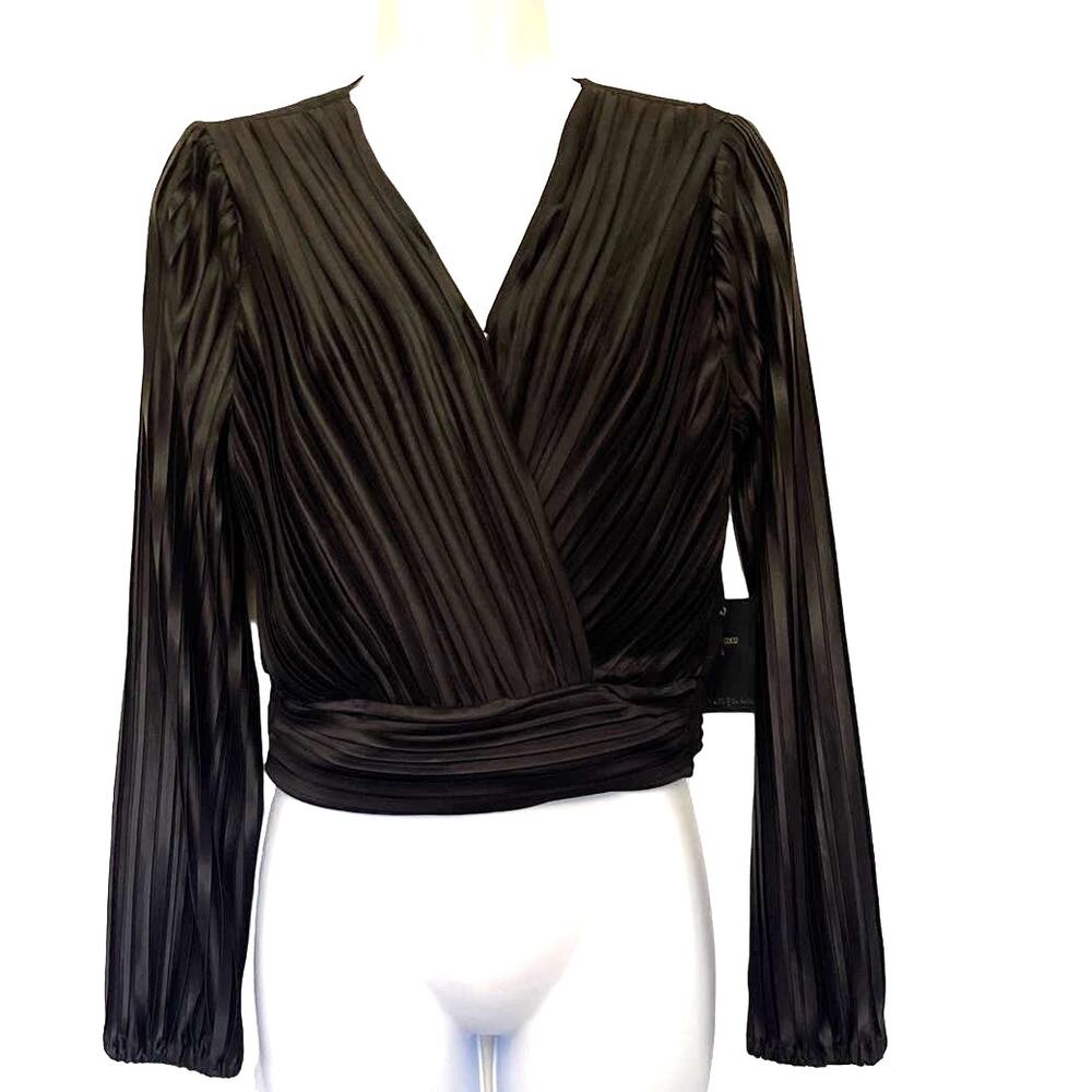 Japna Satin Pleated Wrap Womens Top Sz S Indie Holiday Glam Cocktail NYE  Deep V